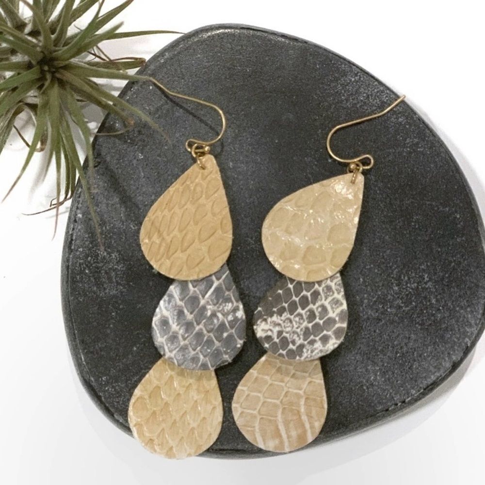 Leather Snake Print Boho Drop Earrings Tan Gray